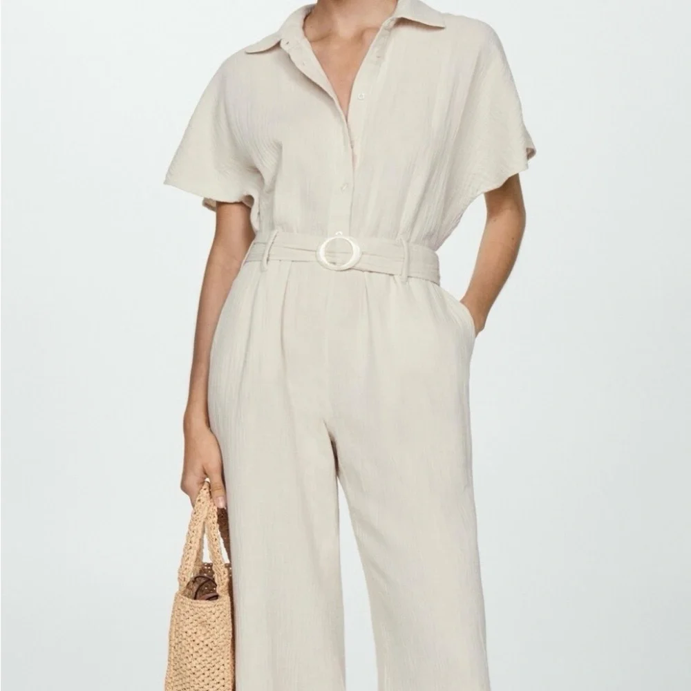 NWT Mango Belted Jumpsuit Cotton Summer Stylish Vacation Pantsuit - Picture 1 of 7